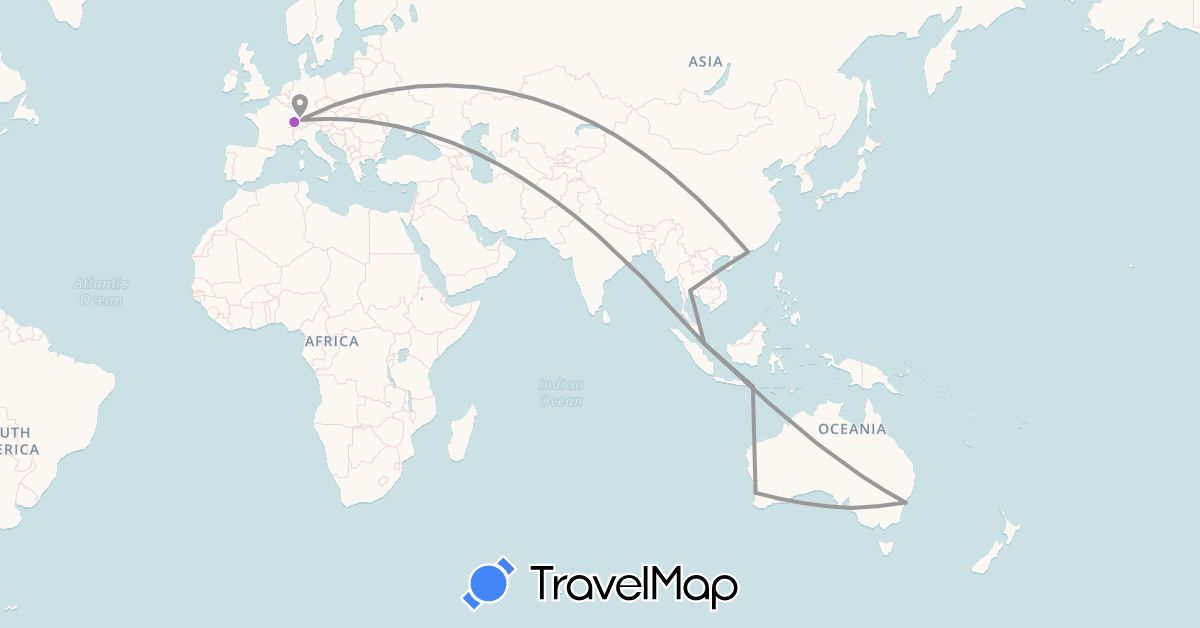TravelMap itinerary: driving, plane, train in Australia, Switzerland, Hong Kong, Indonesia, Singapore, Thailand (Asia, Europe, Oceania)